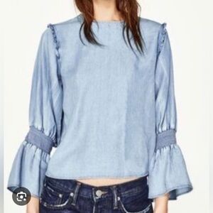 Zara Women’s Denim Light Blue Bell Longsleeve Chambray Top L